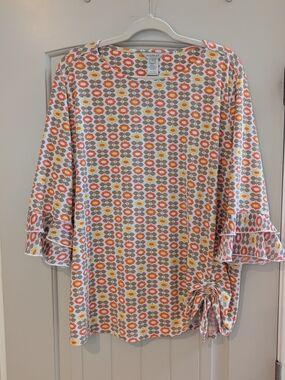 Multiples Floral Geo Tie-Hem Tunic in Orange, Yellow & Cream